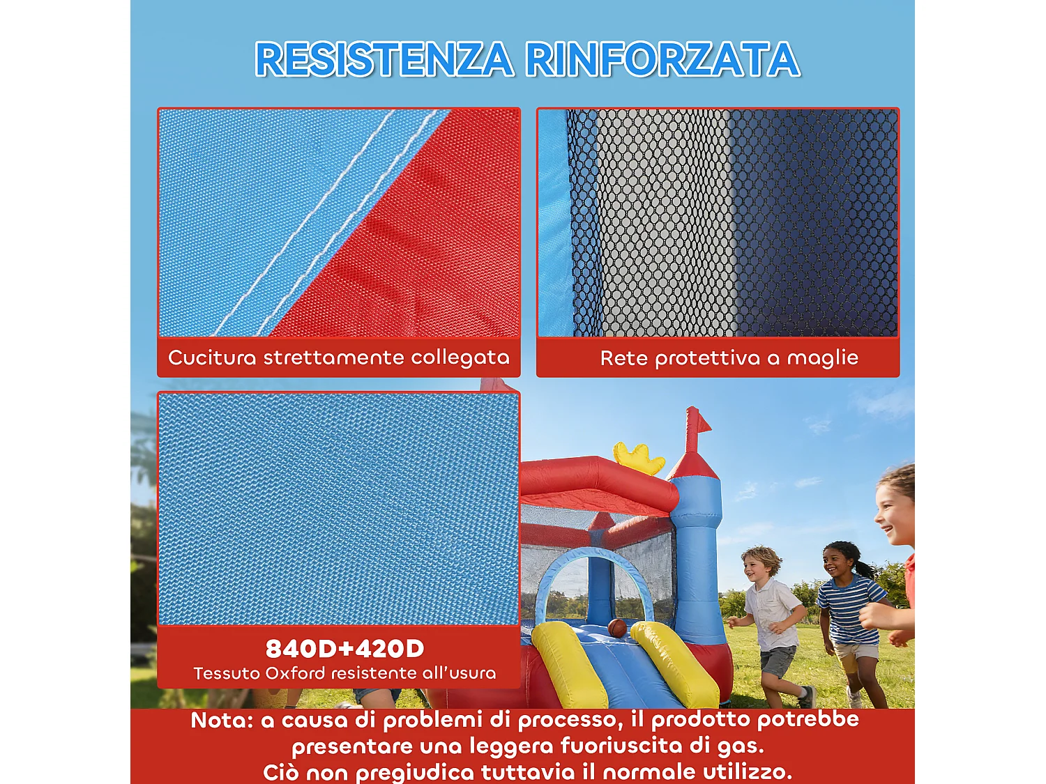 Castello gonfiabile con scivolo e piscina in tessuto blu