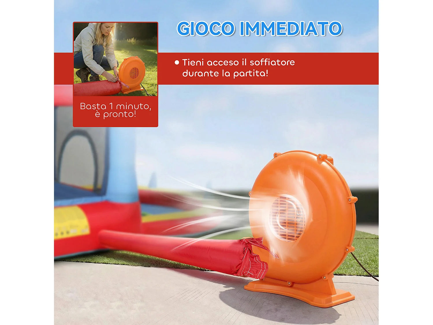 Castello gonfiabile con scivolo e piscina in tessuto blu