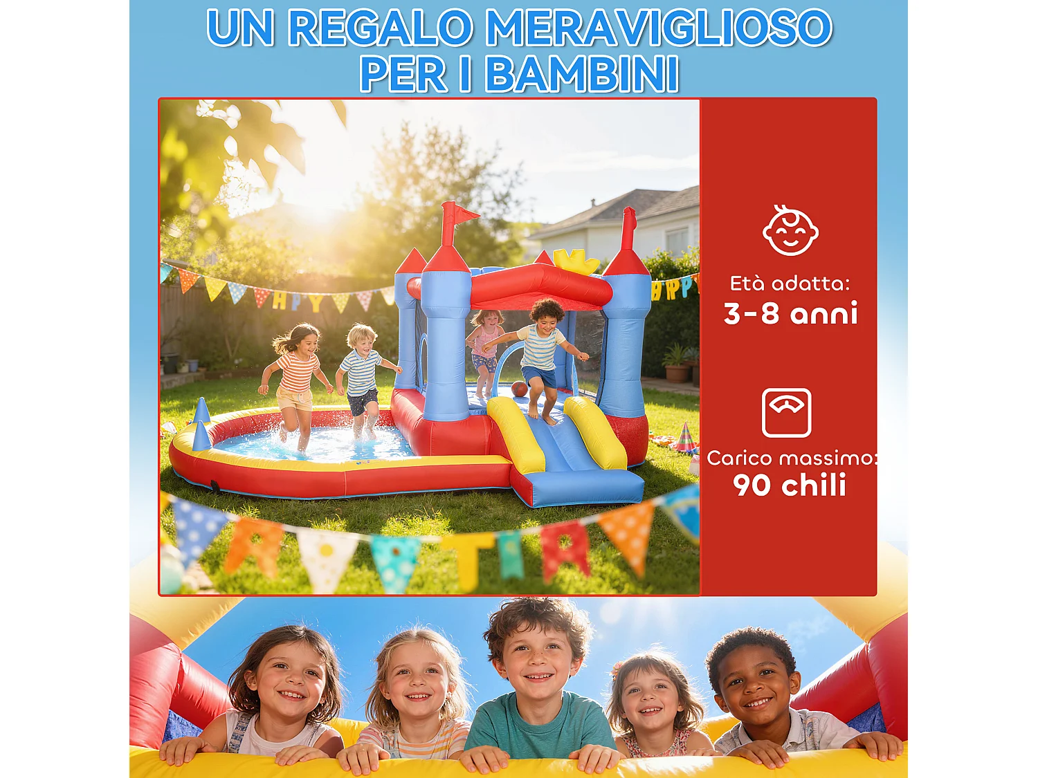 Castello gonfiabile con scivolo e piscina in tessuto blu