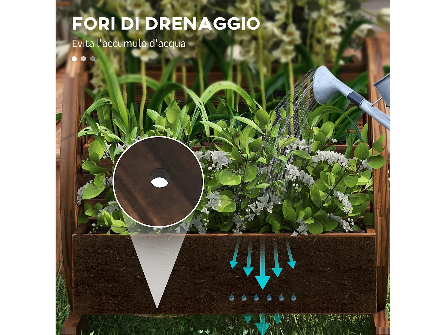 Fioriera da giardino a 2 livelli e 3 vasi con ruote di carro in legno