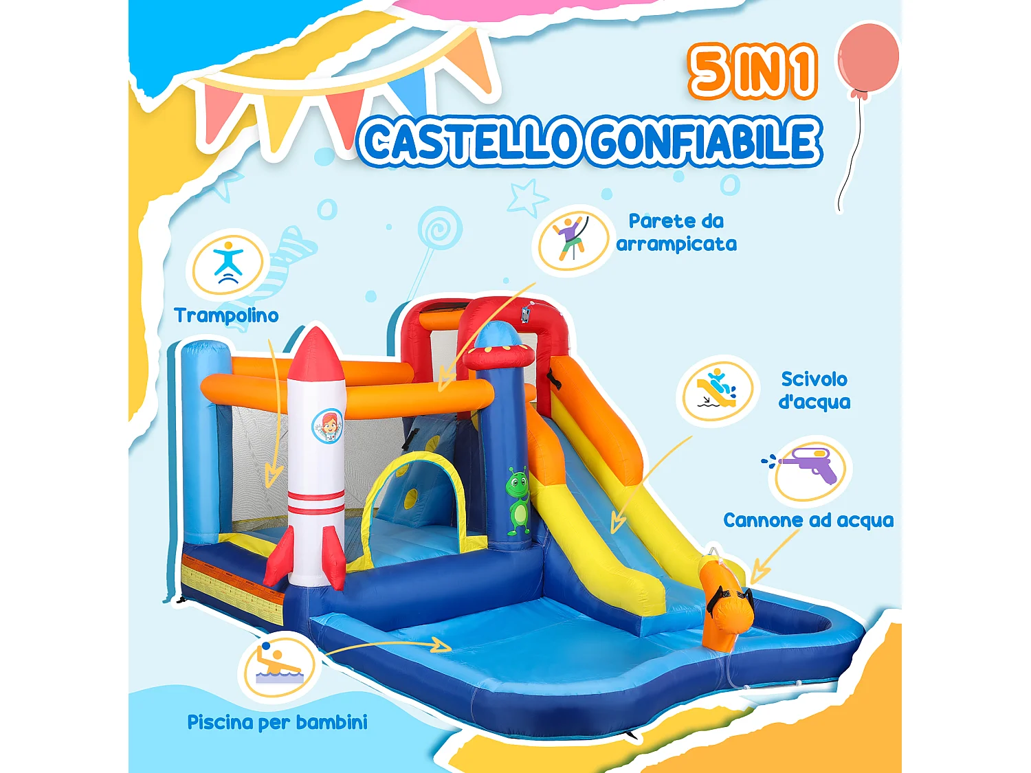 Castello gonfiabile 5 in 1 in tessuto oxford multicolore