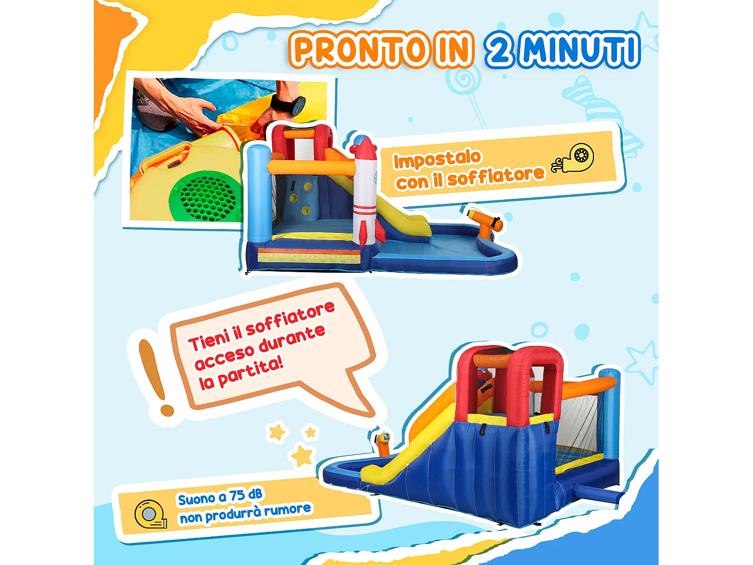 Castello gonfiabile 5 in 1 in tessuto oxford multicolore