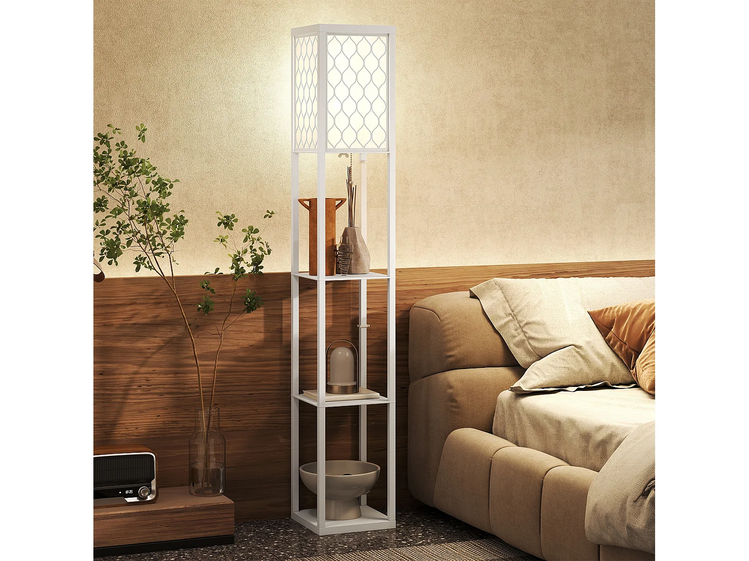 Lampada da terra moderna 2 in 1 con 3 ripiani integrati bianco
