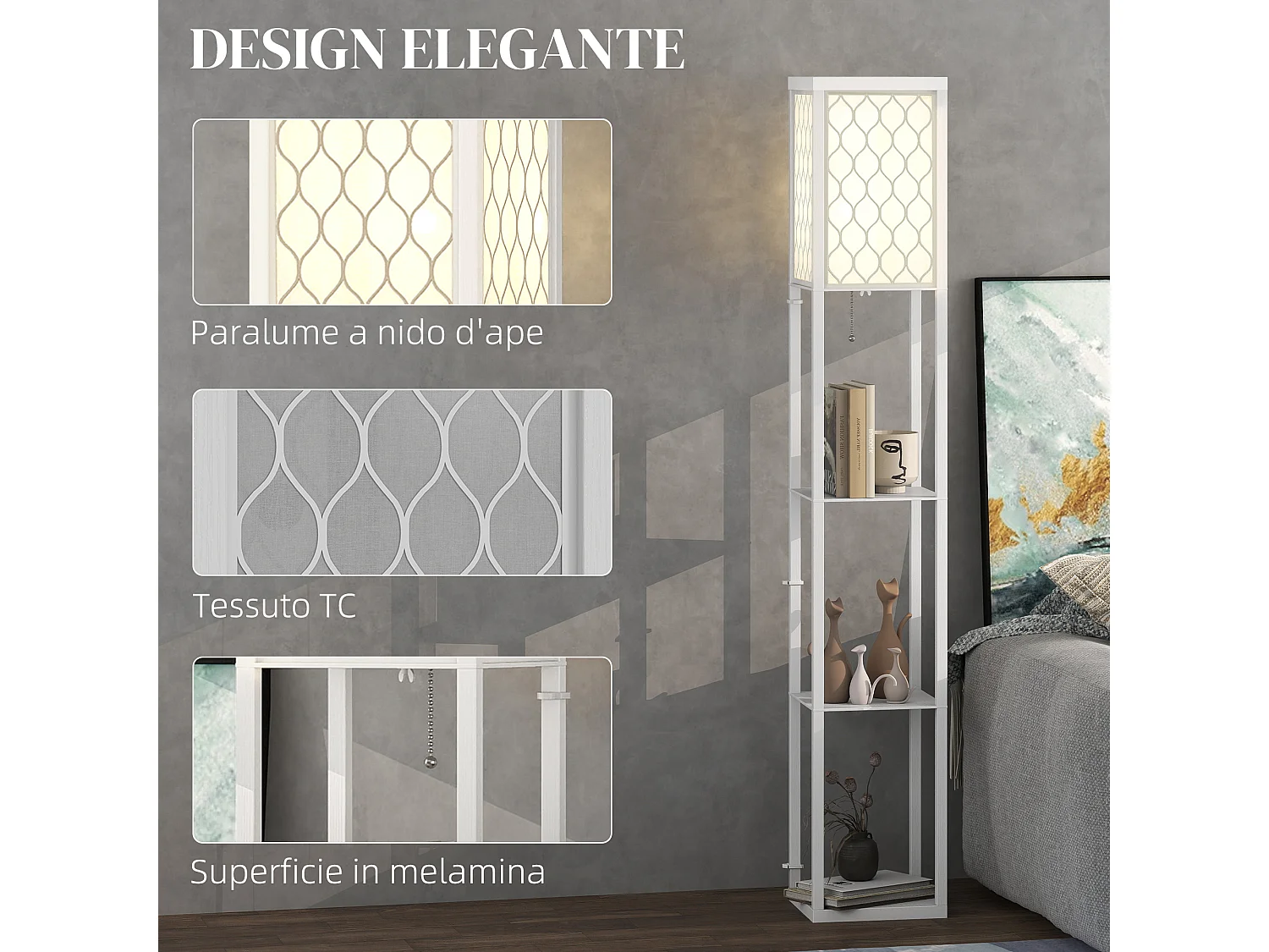 Lampada da terra moderna 2 in 1 con 3 ripiani integrati bianco