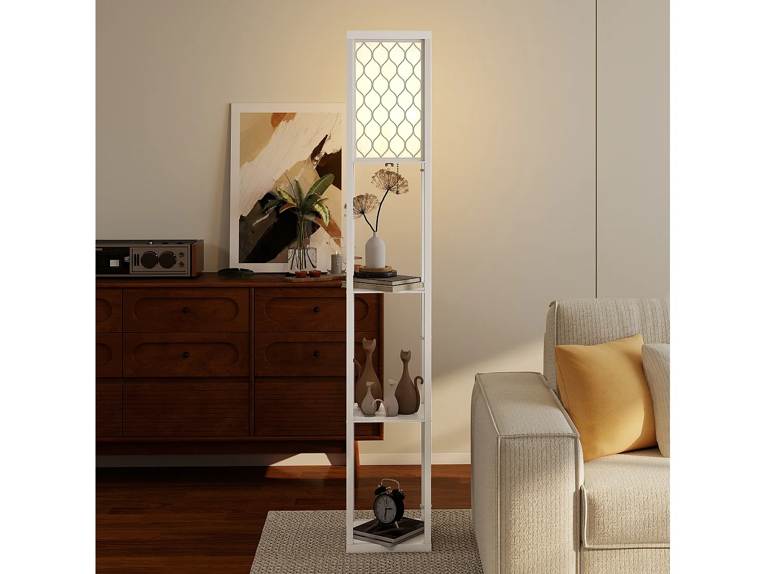 Lampada da terra moderna 2 in 1 con 3 ripiani integrati bianco