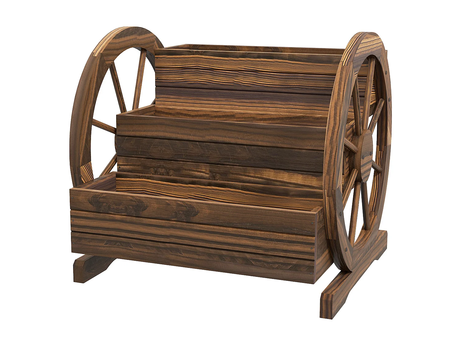 Fioriera da esterno 3 livelli e ruote decorative in legno carbonizzato