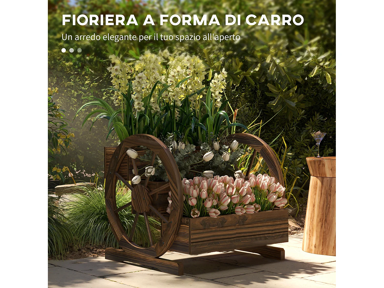 Fioriera da esterno 3 livelli e ruote decorative in legno carbonizzato