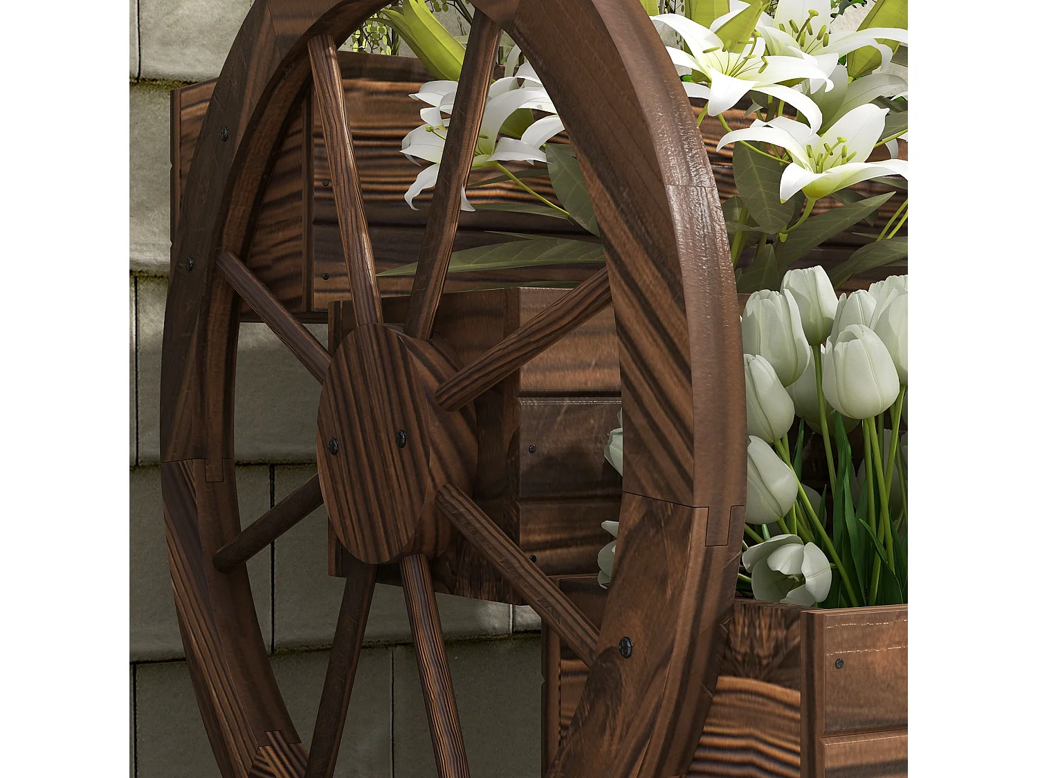Fioriera da esterno 3 livelli e ruote decorative in legno carbonizzato
