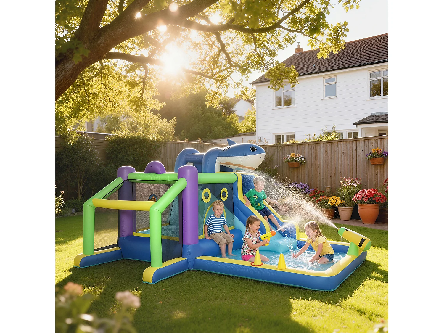 Castello gonfiabile 8 in 1 tema squali per bambini multicolore