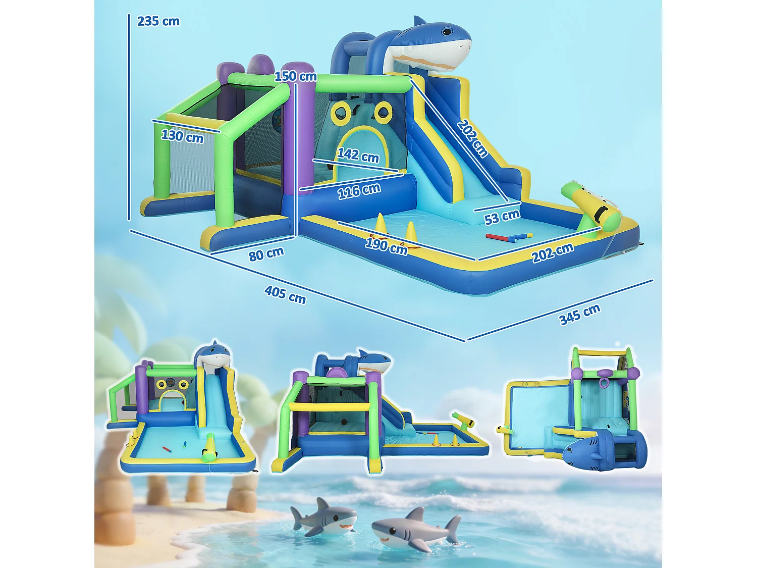 Castello gonfiabile 8 in 1 tema squali per bambini multicolore