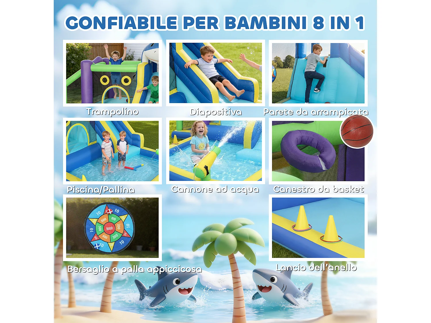 Castello gonfiabile 8 in 1 tema squali per bambini multicolore