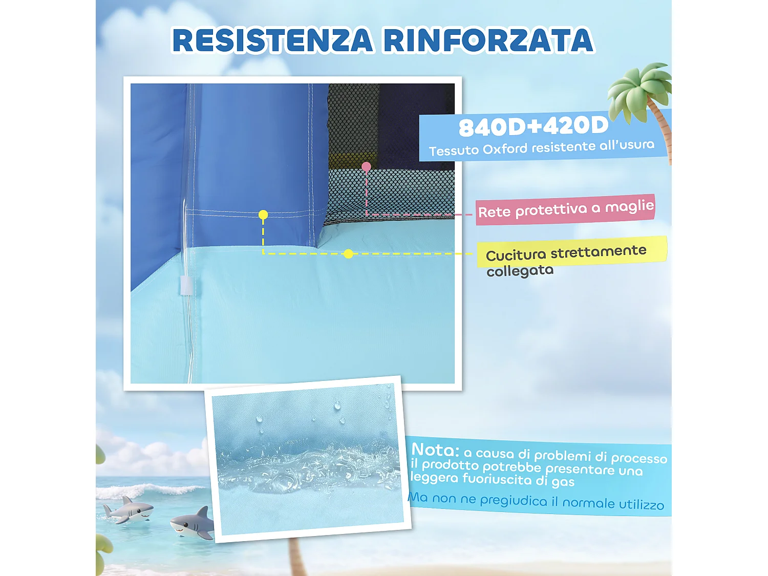Castello gonfiabile 8 in 1 tema squali per bambini multicolore