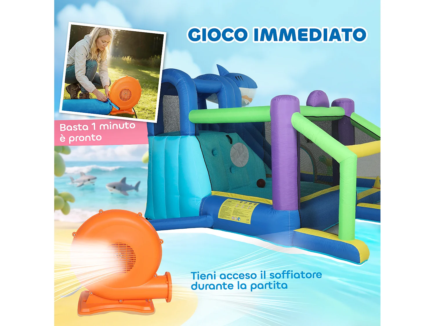 Castello gonfiabile 8 in 1 tema squali per bambini multicolore