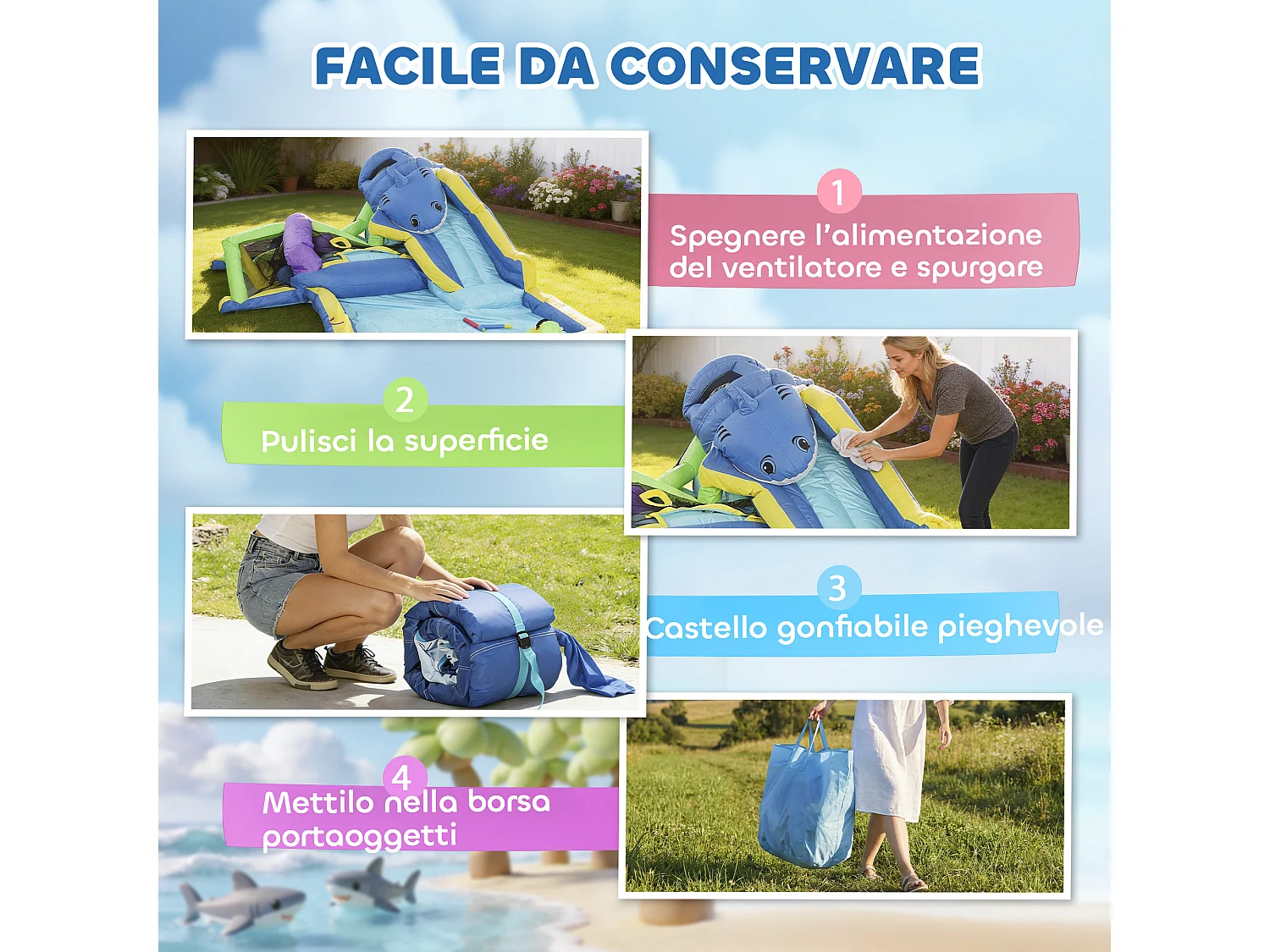 Castello gonfiabile 8 in 1 tema squali per bambini multicolore