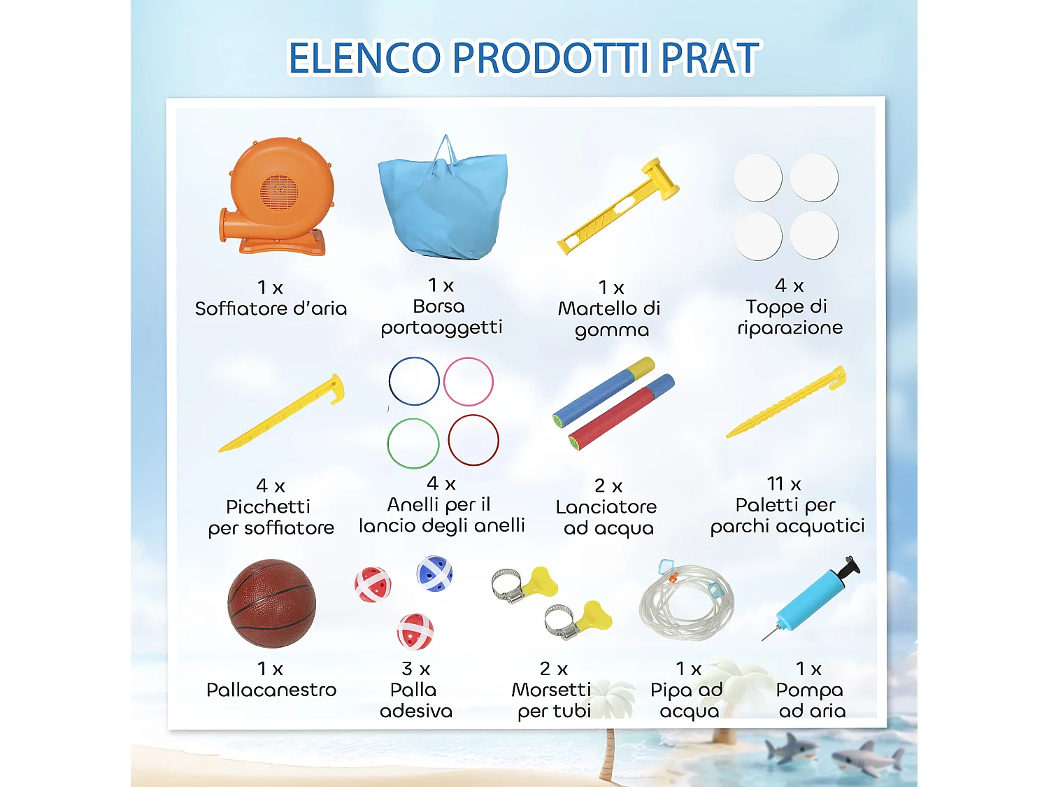 Castello gonfiabile 8 in 1 tema squali per bambini multicolore