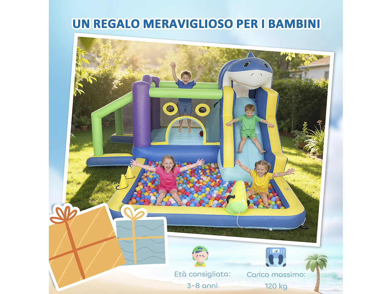 Castello gonfiabile 8 in 1 tema squali per bambini multicolore