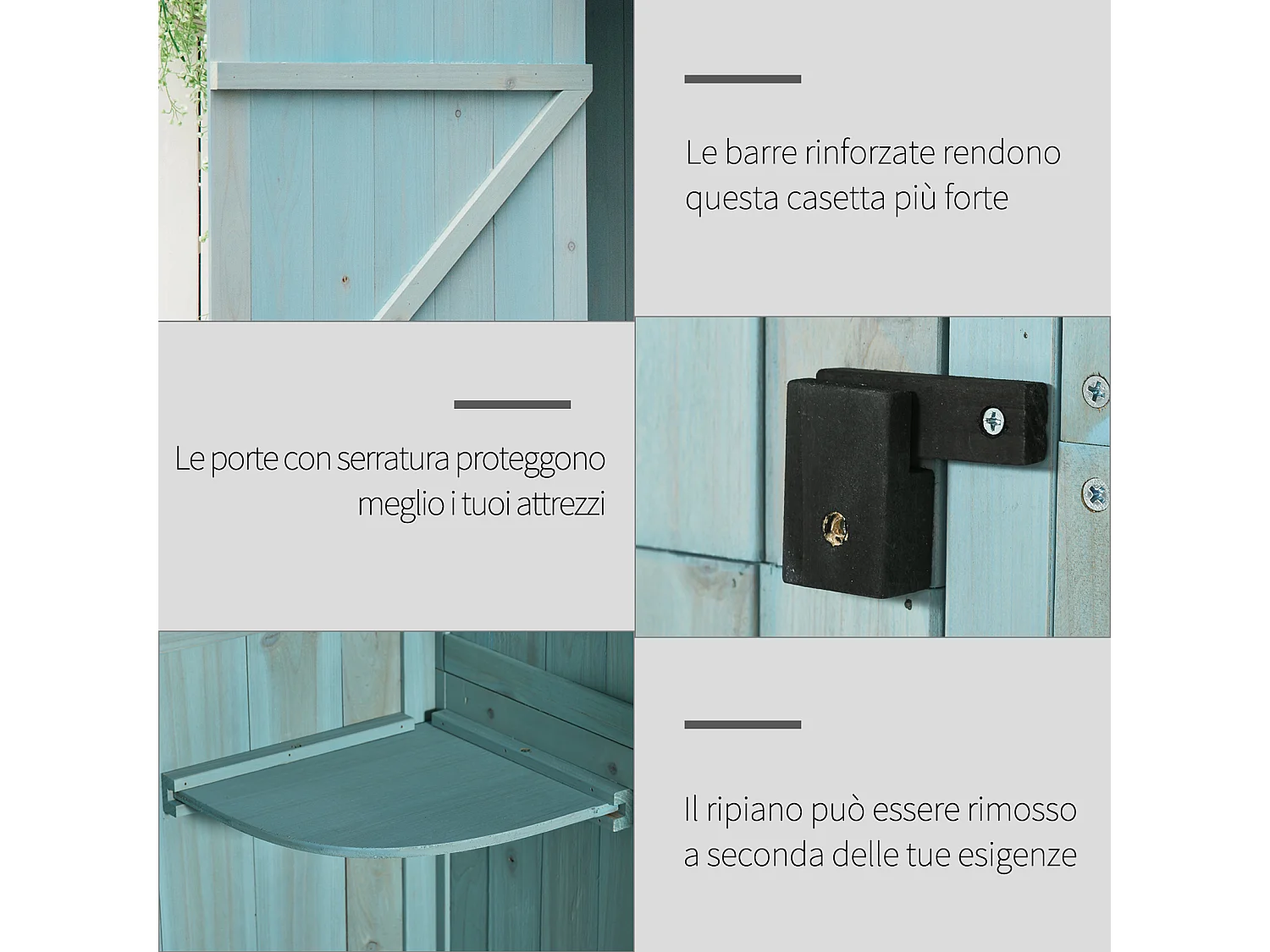 Capanno da giardino in legno con 3 mensole 77x54.2x179cm blu