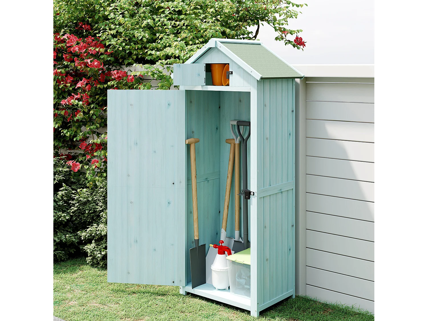 Capanno da giardino in legno con 3 mensole 77x54.2x179cm blu