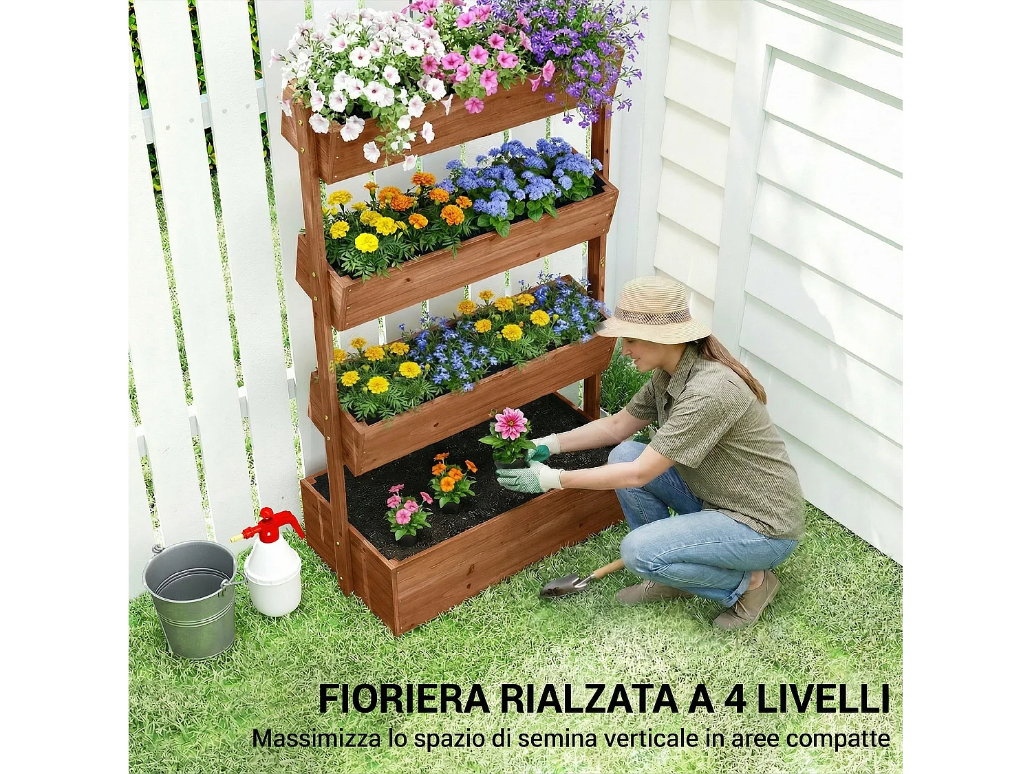 Fioriera verticale a 4 livelli in legno naturale
