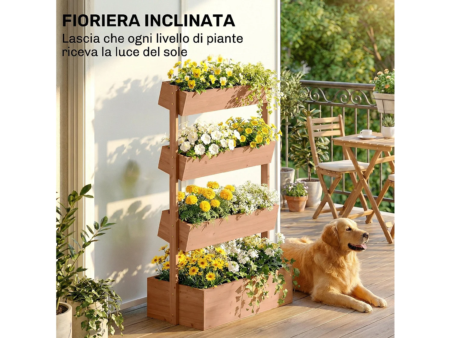 Fioriera verticale a 4 livelli in legno naturale