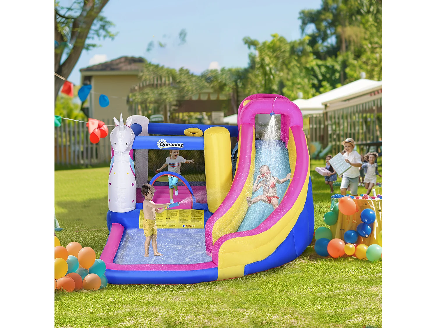 Gioco gonfiabile gigante a forma di casa con unicorno per 3 bambini
