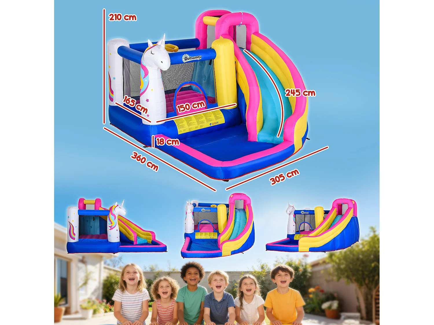 Gioco gonfiabile gigante a forma di casa con unicorno per 3 bambini