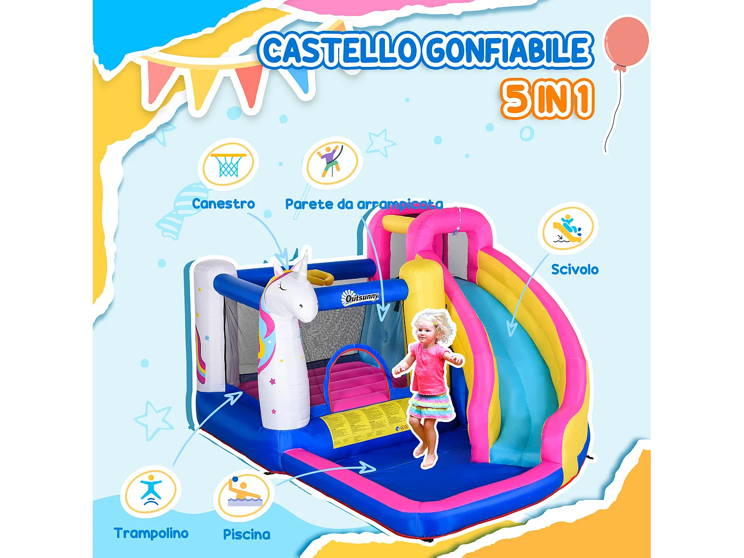 Gioco gonfiabile gigante a forma di casa con unicorno per 3 bambini