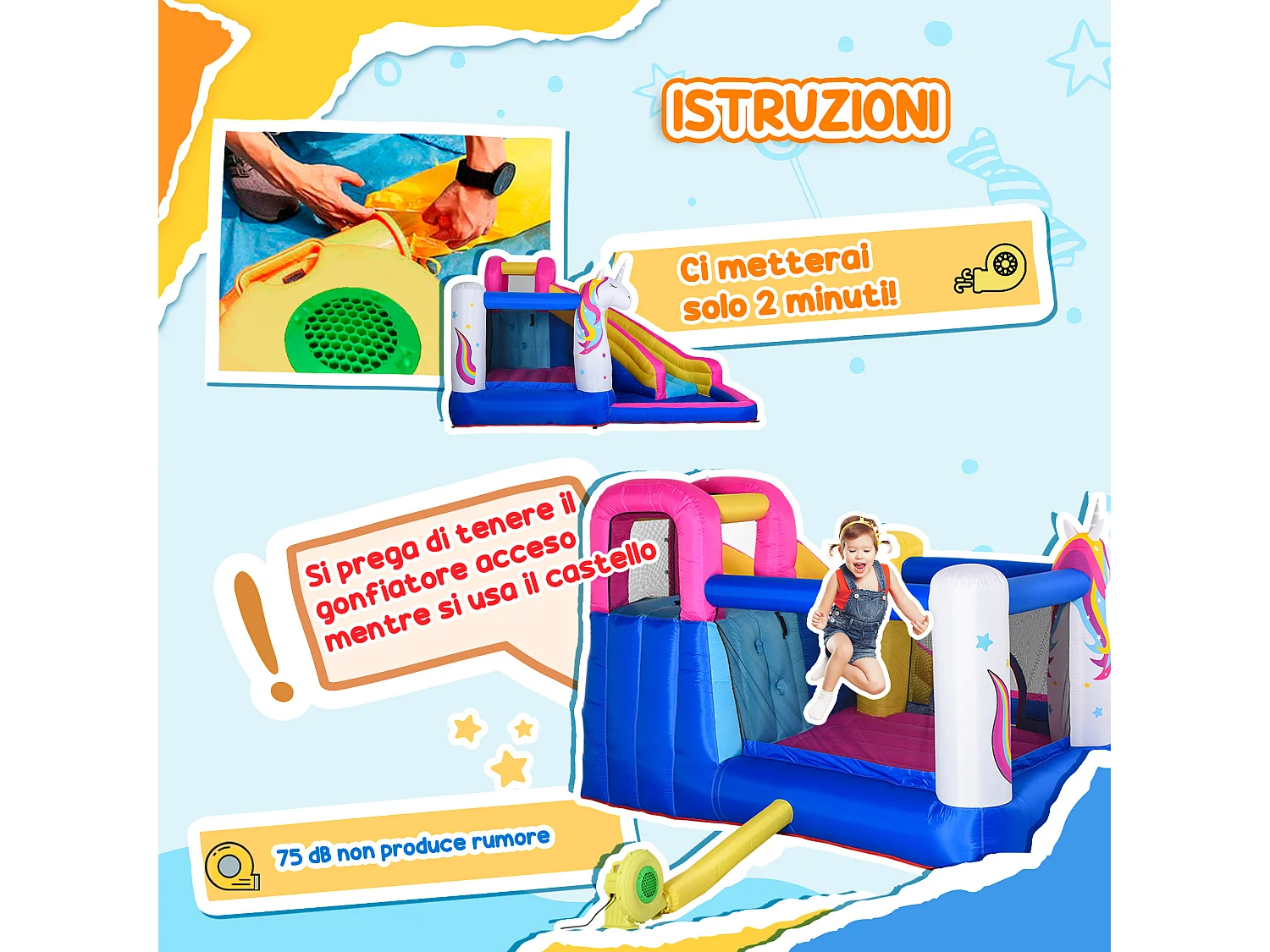 Gioco gonfiabile gigante a forma di casa con unicorno per 3 bambini