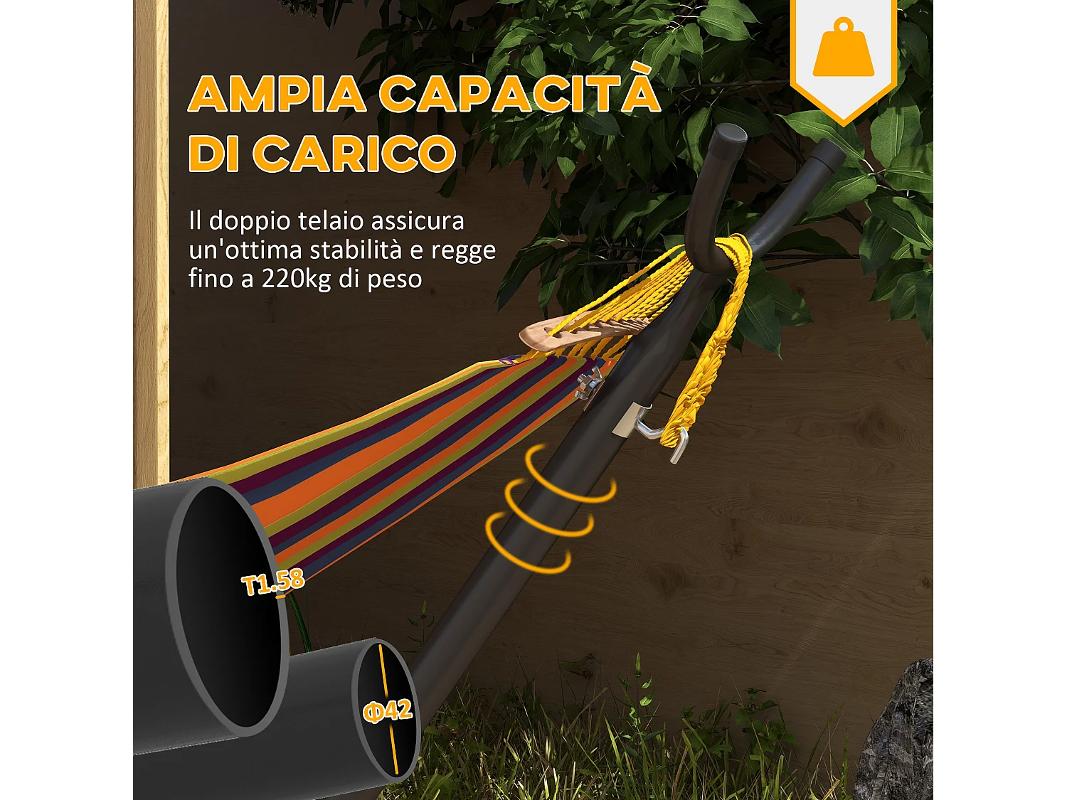 Supporto per amaca con 6 fori e rotelle in metallo nero