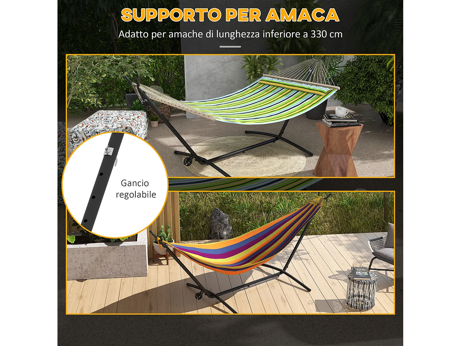 Supporto per amaca con 6 fori e rotelle in metallo nero