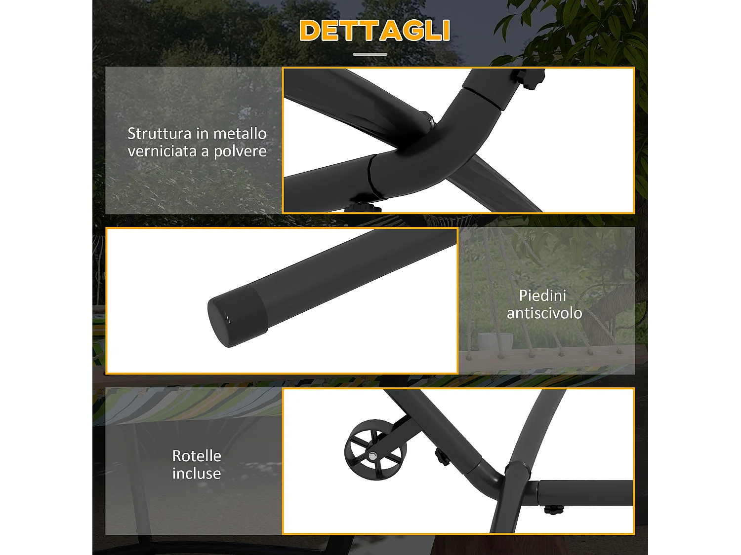Supporto per amaca con 6 fori e rotelle in metallo nero