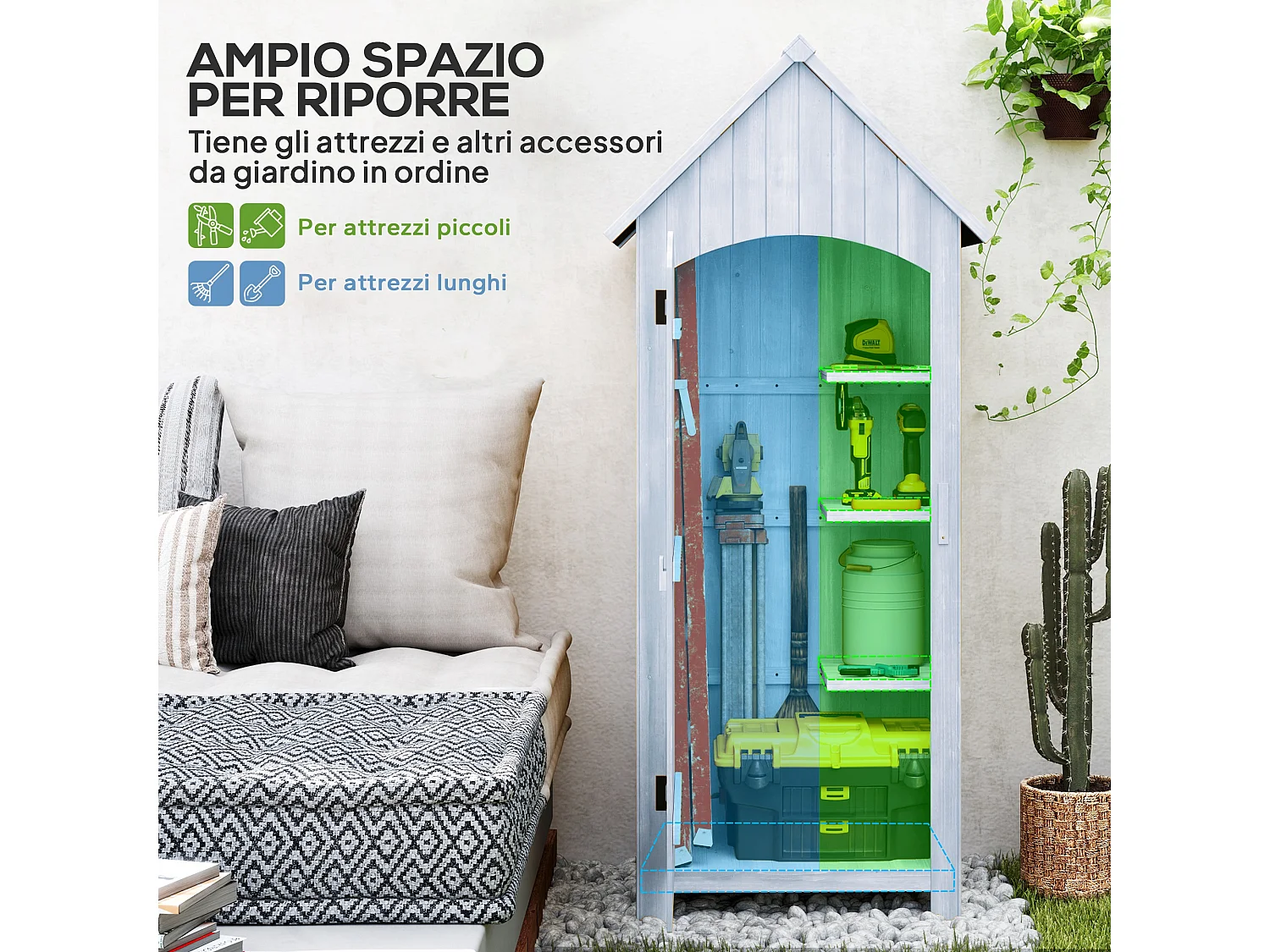 Casetta porta attrezzi in legno di abete con 3 mensole bianco