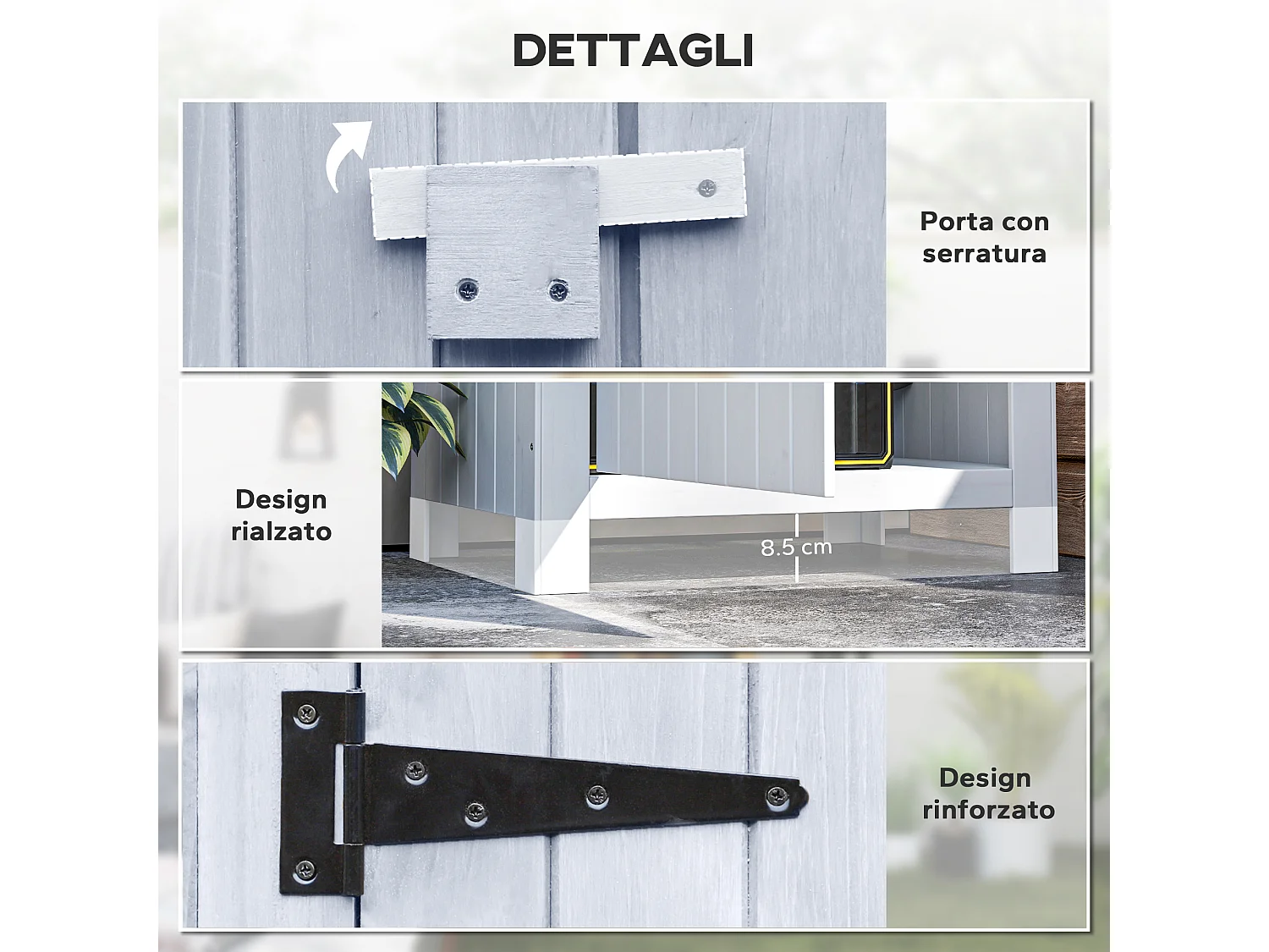 Casetta porta attrezzi in legno di abete con 3 mensole bianco