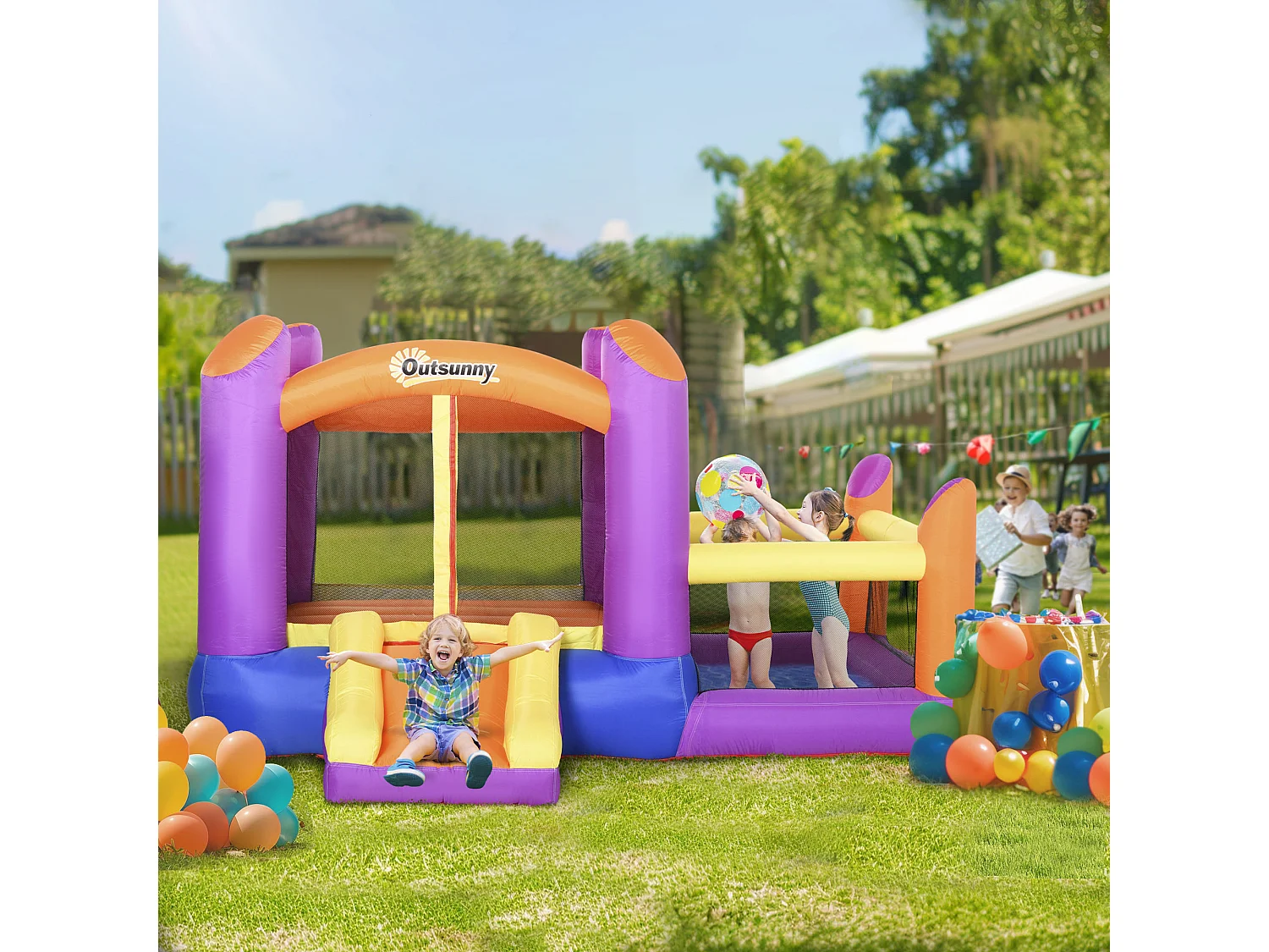 Castello gonfiabile per bambini con scivolo e piscina multicolor