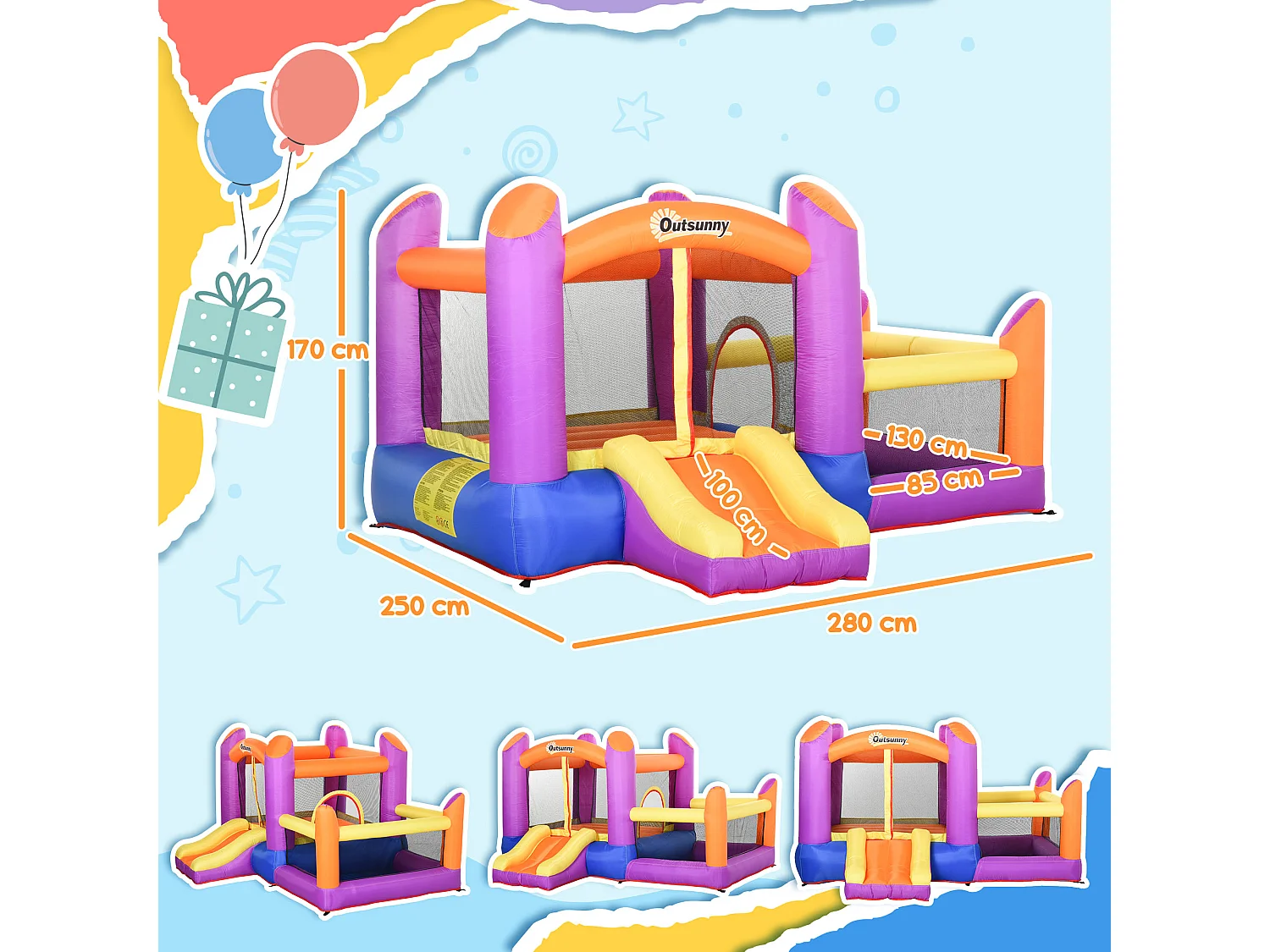 Castello gonfiabile per bambini con scivolo e piscina multicolor
