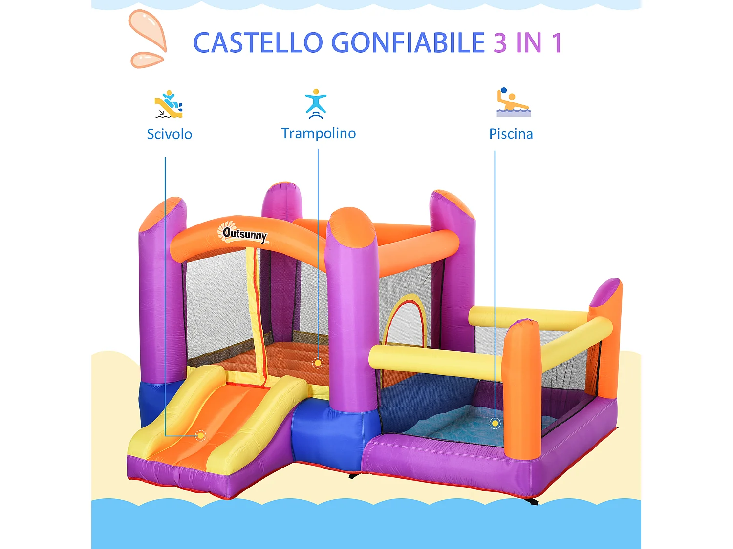 Castello gonfiabile per bambini con scivolo e piscina multicolor