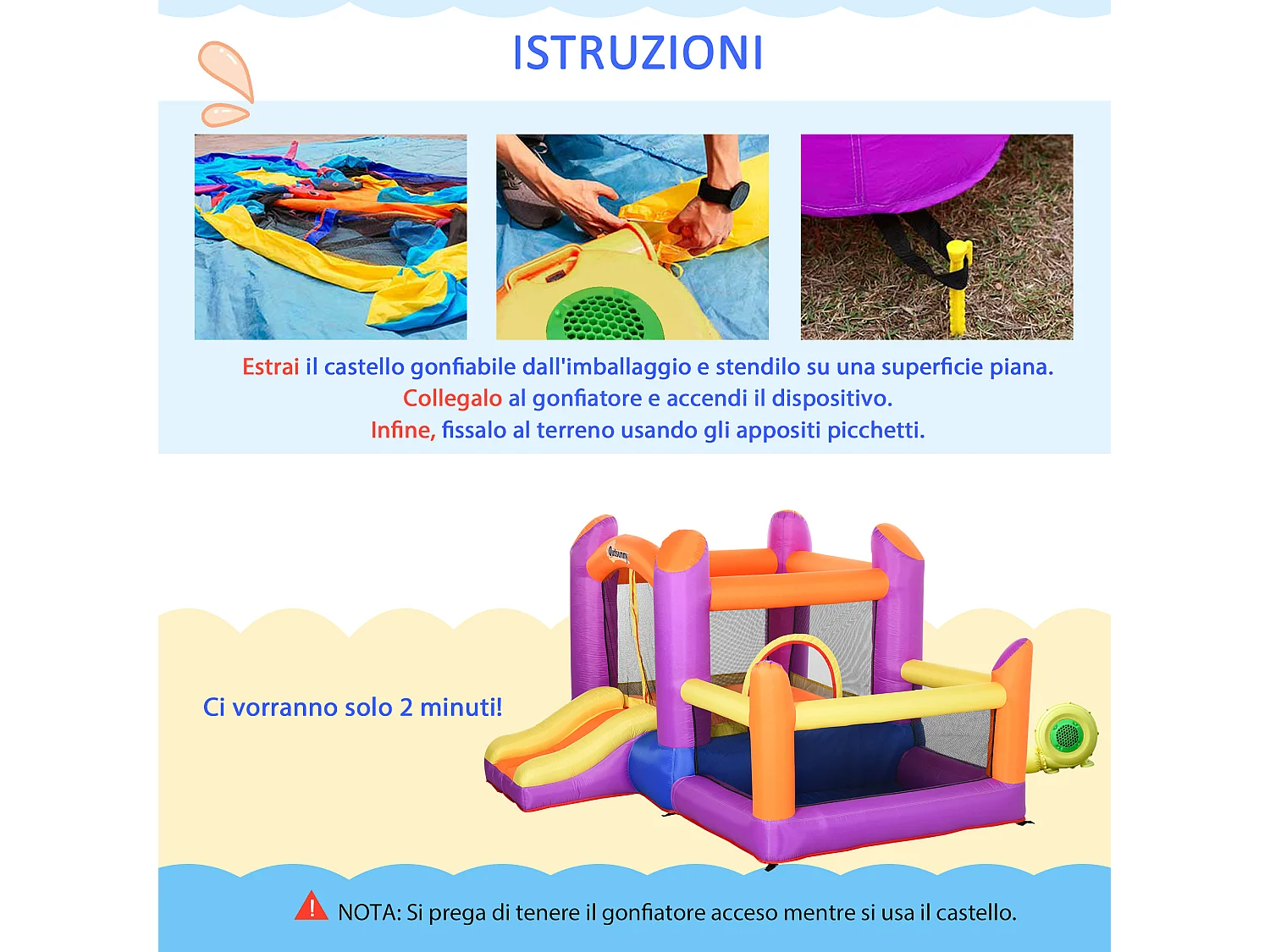 Castello gonfiabile per bambini con scivolo e piscina multicolor