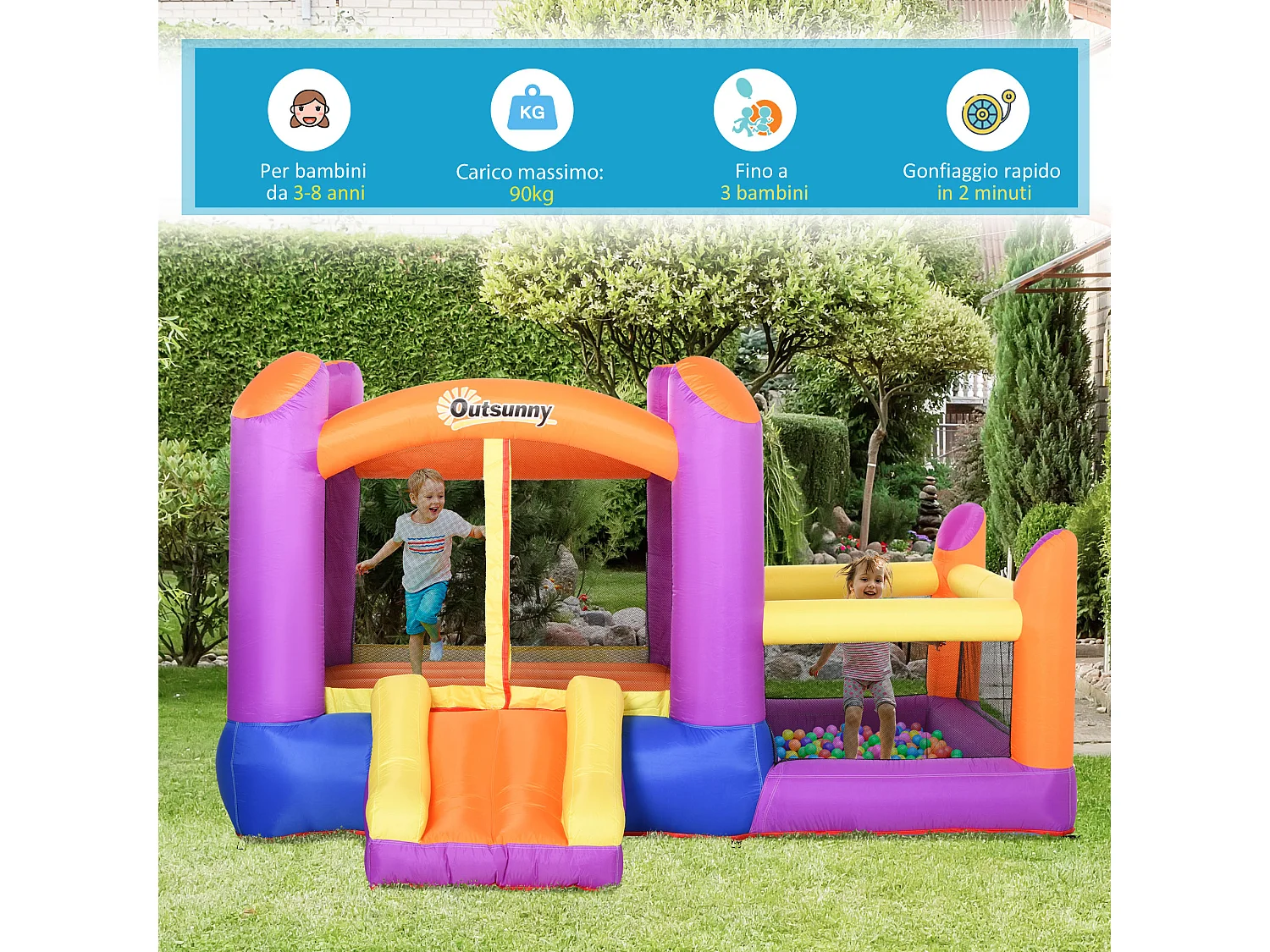 Castello gonfiabile per bambini con scivolo e piscina multicolor
