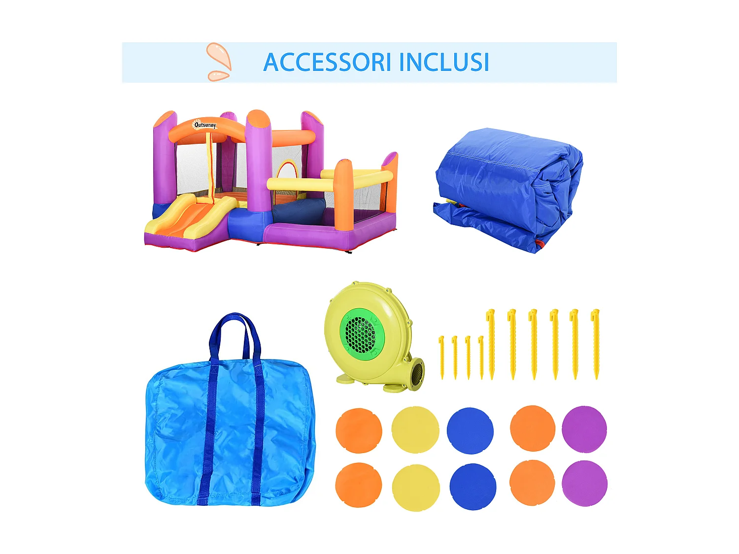 Castello gonfiabile per bambini con scivolo e piscina multicolor