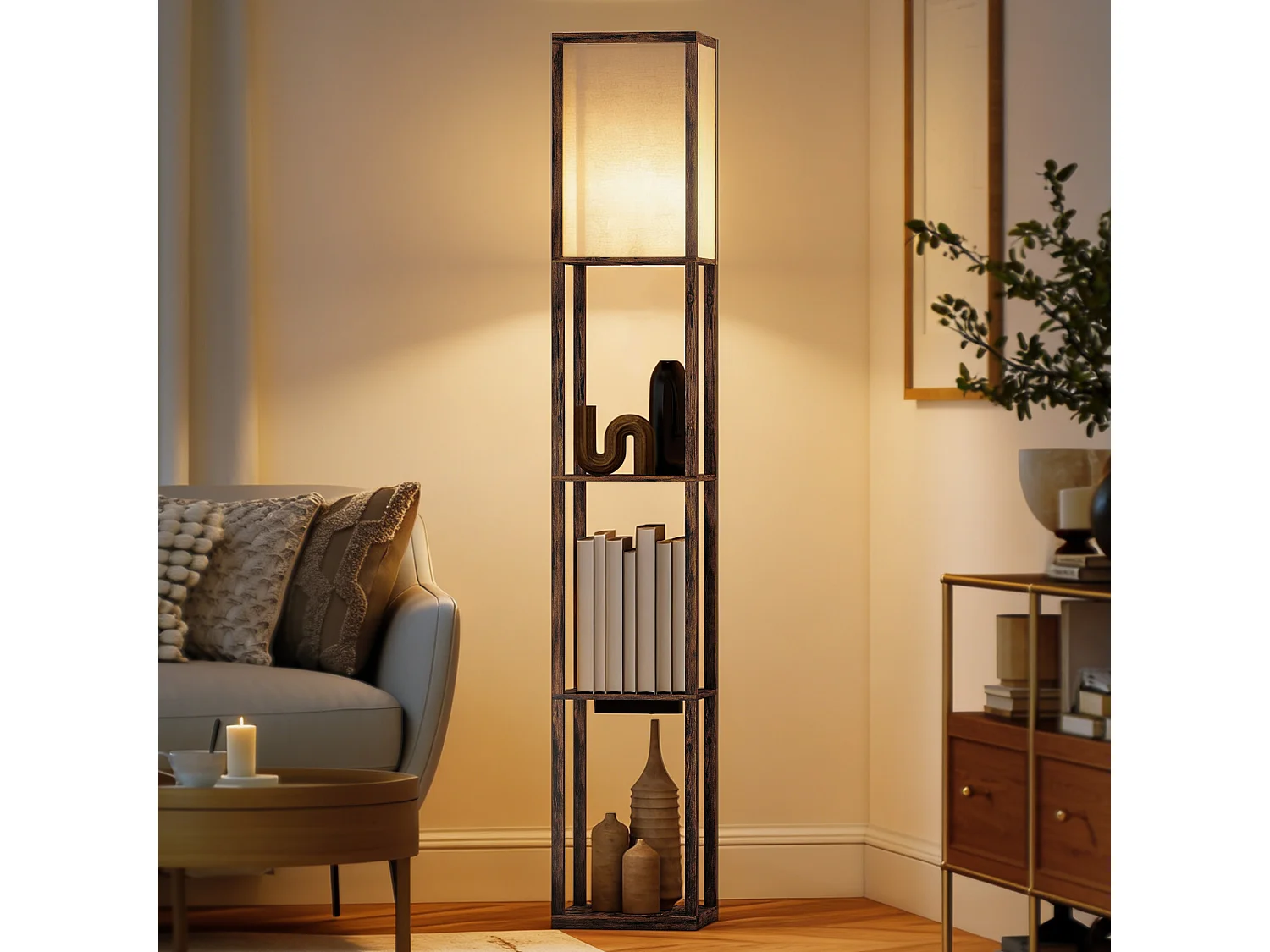 Lampada da terra con ripiani e luce regolabile porte usb marrone