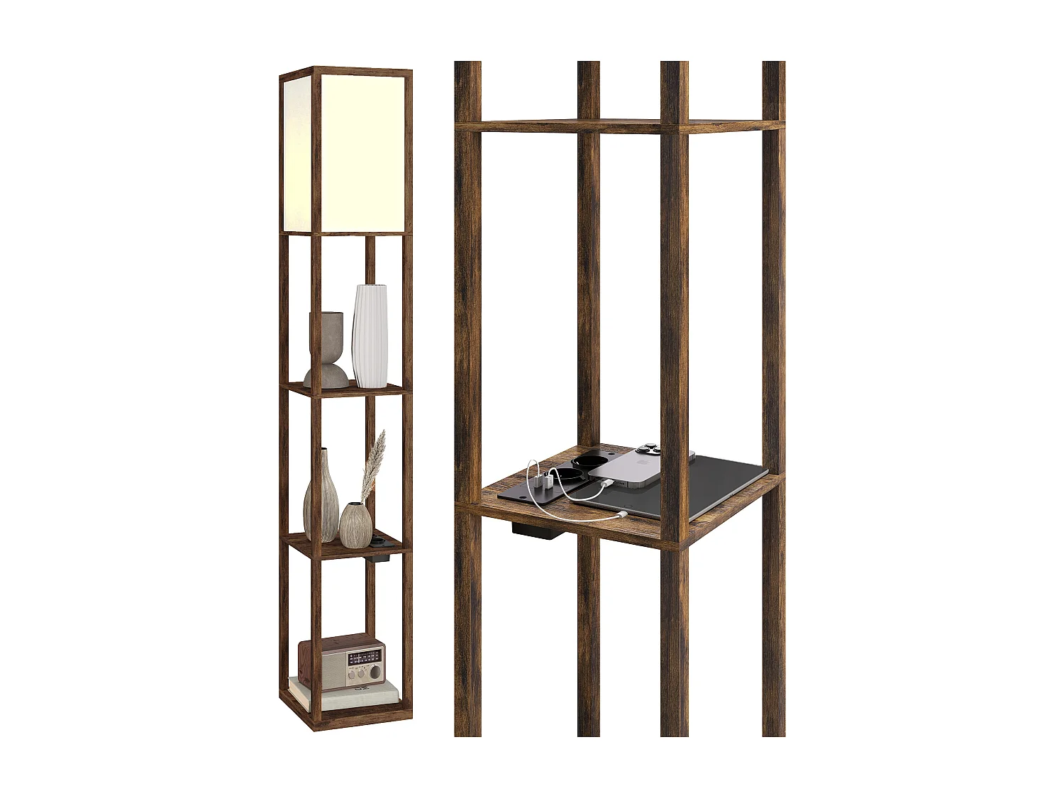 Lampada da terra con ripiani e luce regolabile porte usb marrone