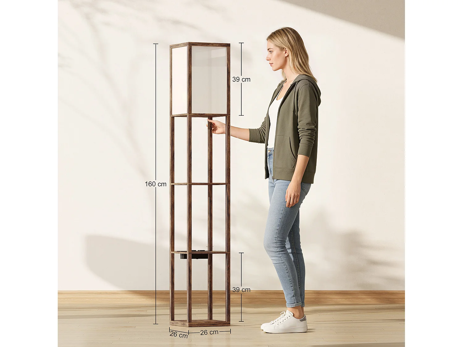 Lampada da terra con ripiani e luce regolabile porte usb marrone