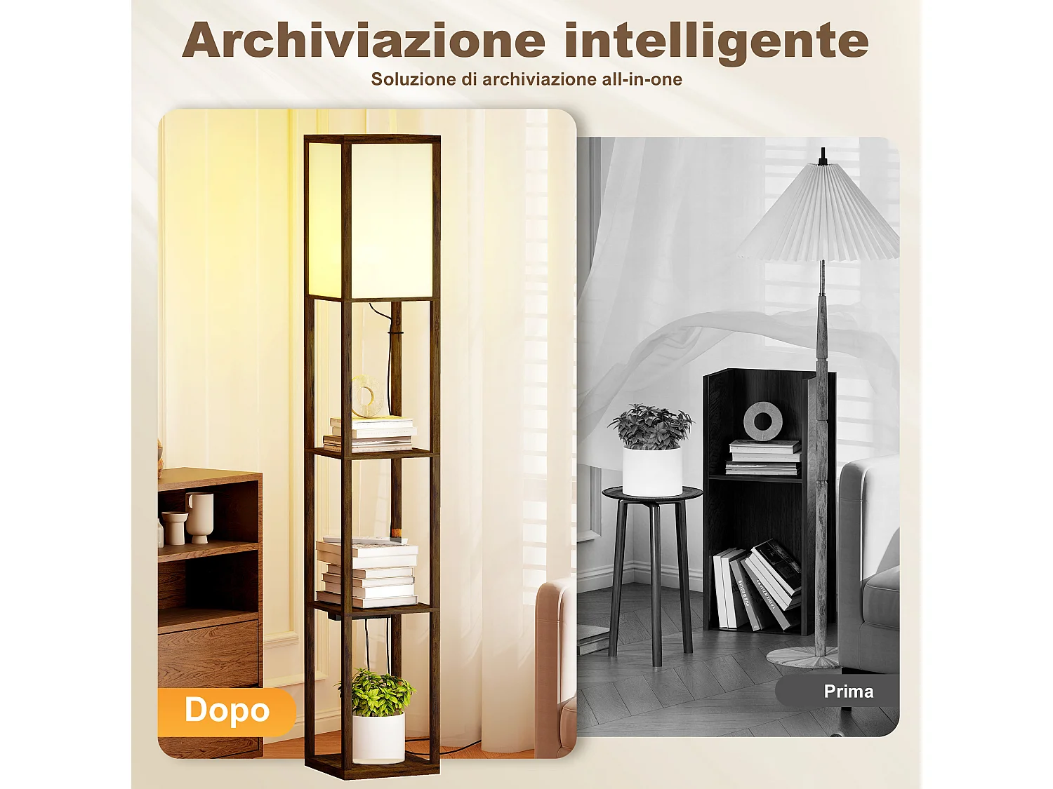 Lampada da terra con ripiani e luce regolabile porte usb marrone
