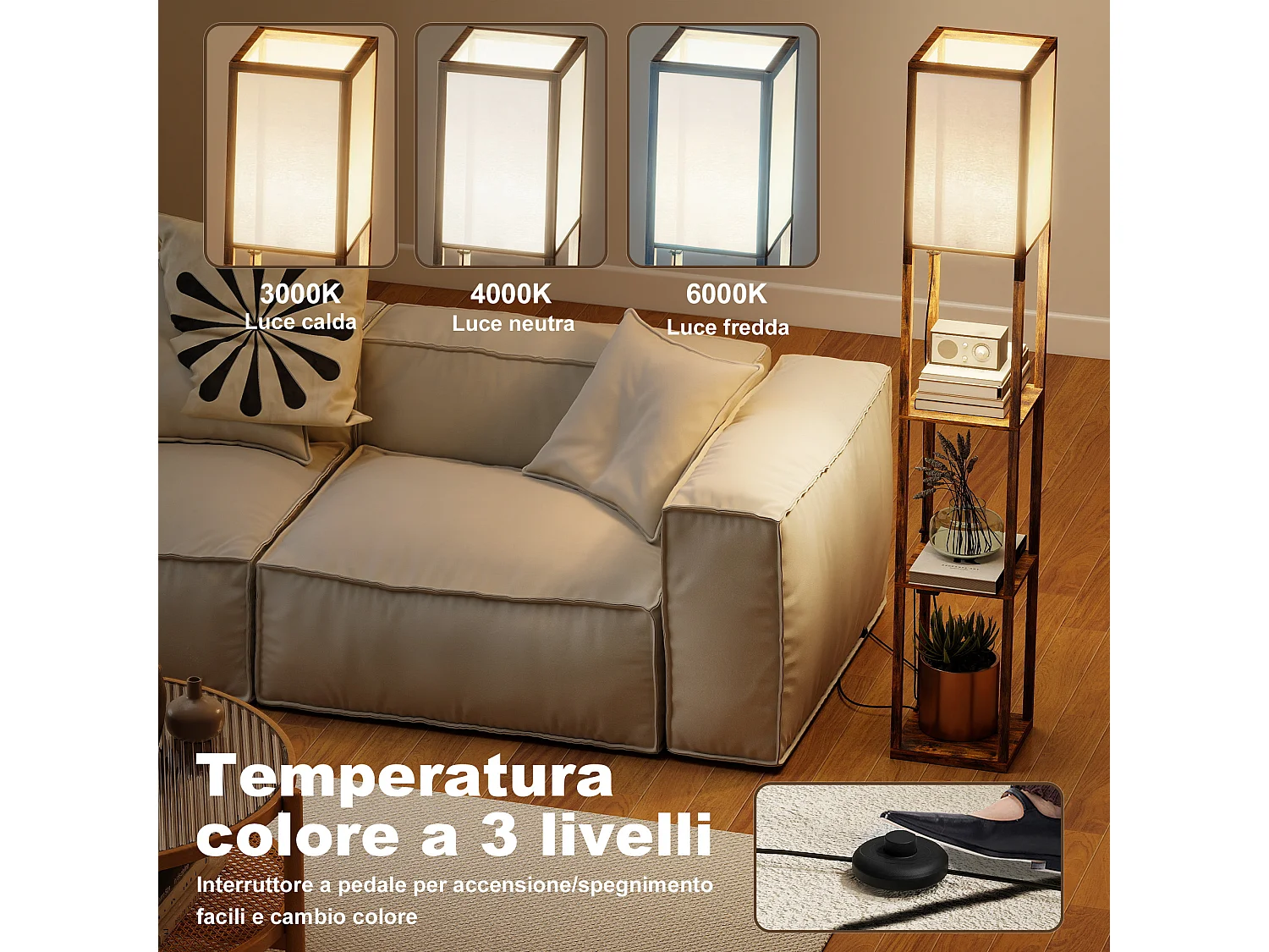 Lampada da terra con ripiani e luce regolabile porte usb marrone