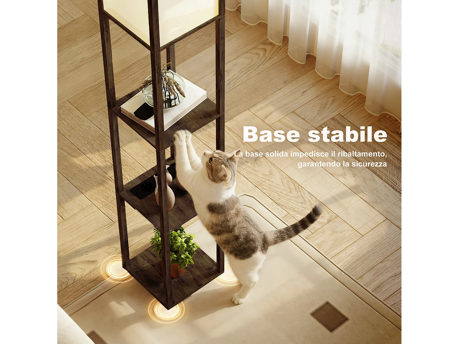Lampada da terra con ripiani e luce regolabile porte usb marrone