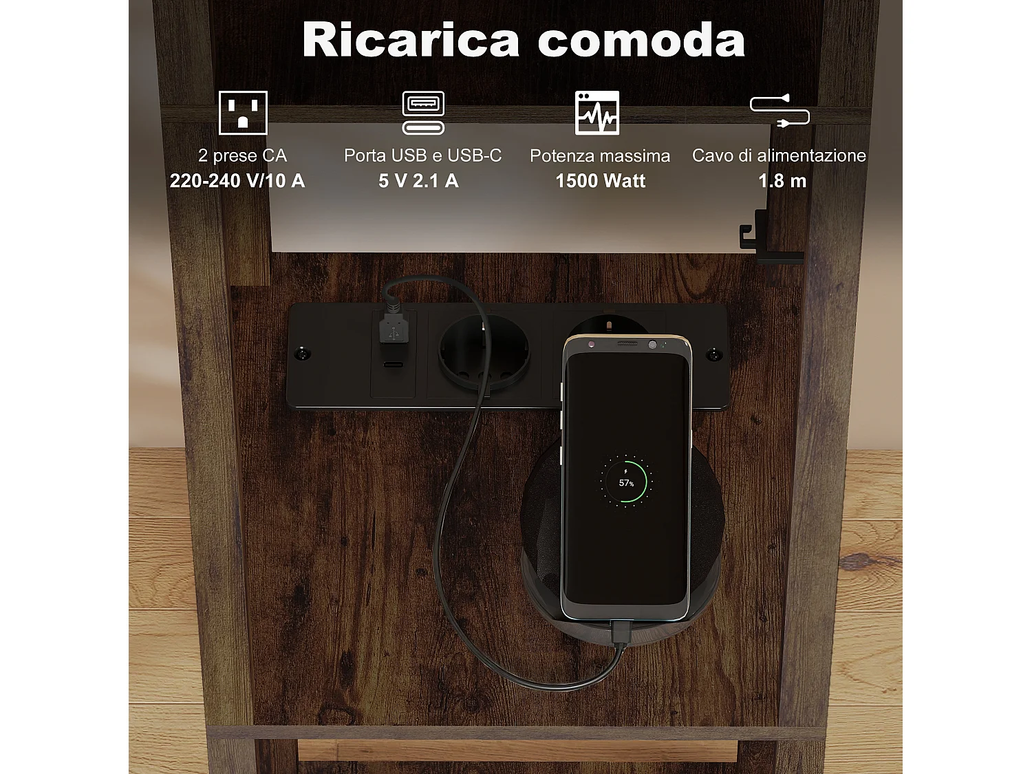 Lampada da terra con ripiani e luce regolabile porte usb marrone