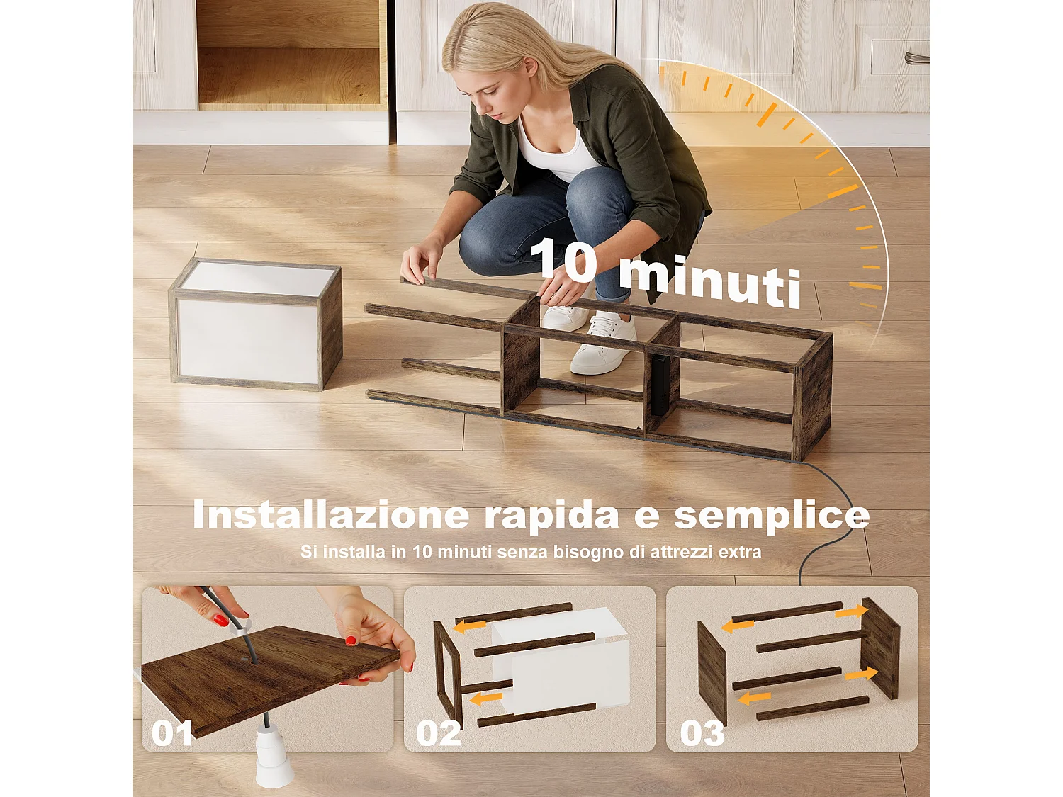 Lampada da terra con ripiani e luce regolabile porte usb marrone
