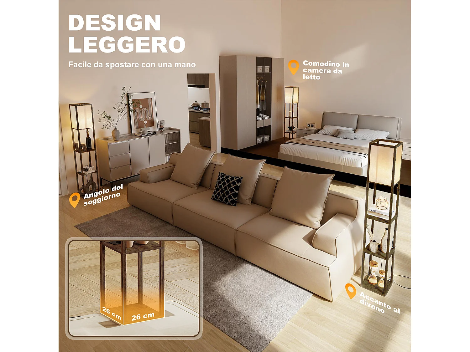 Lampada da terra con ripiani e luce regolabile porte usb marrone