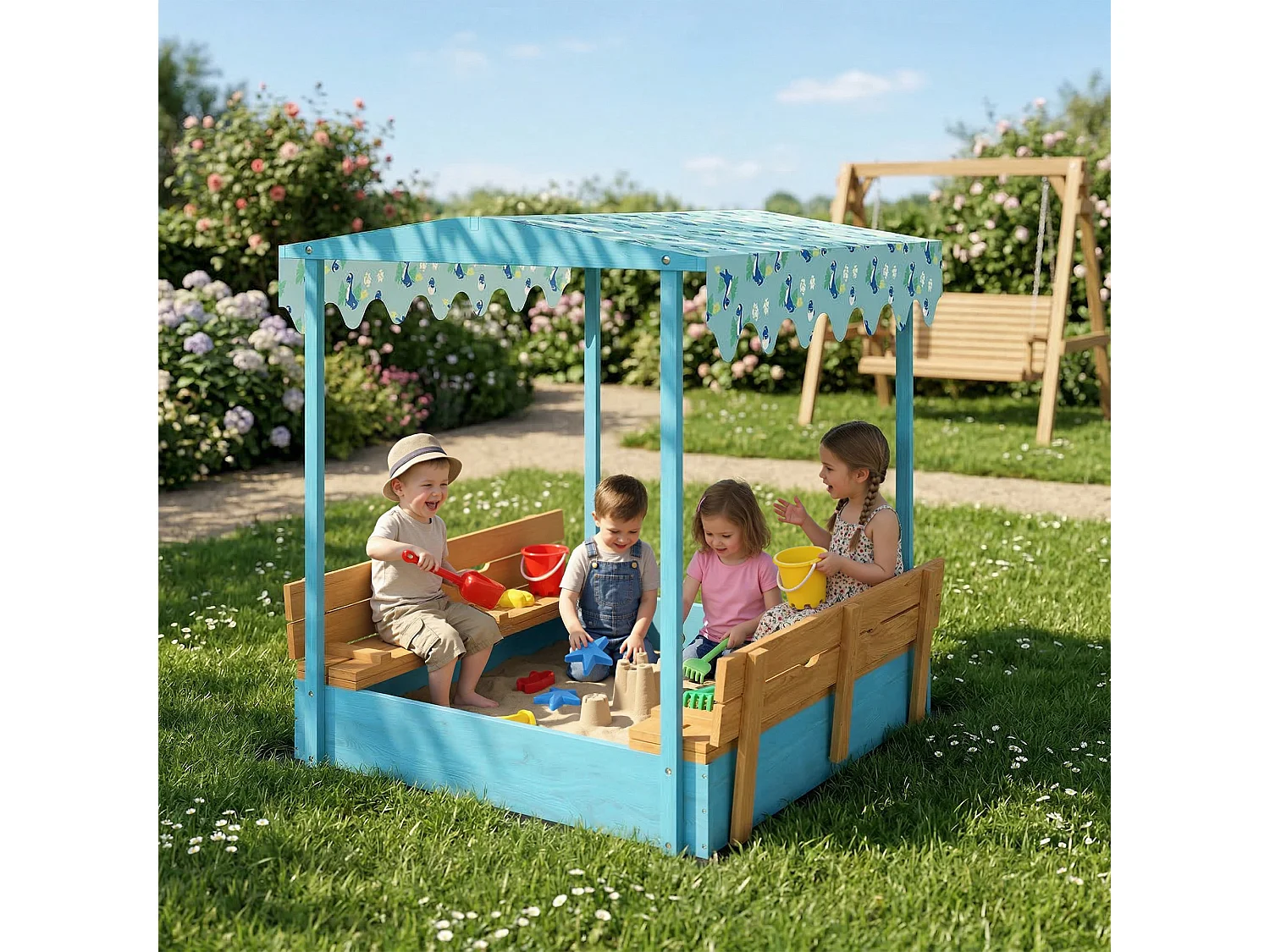 Sabbiera per bambini con tettuccio e sedute in legno di abete blu