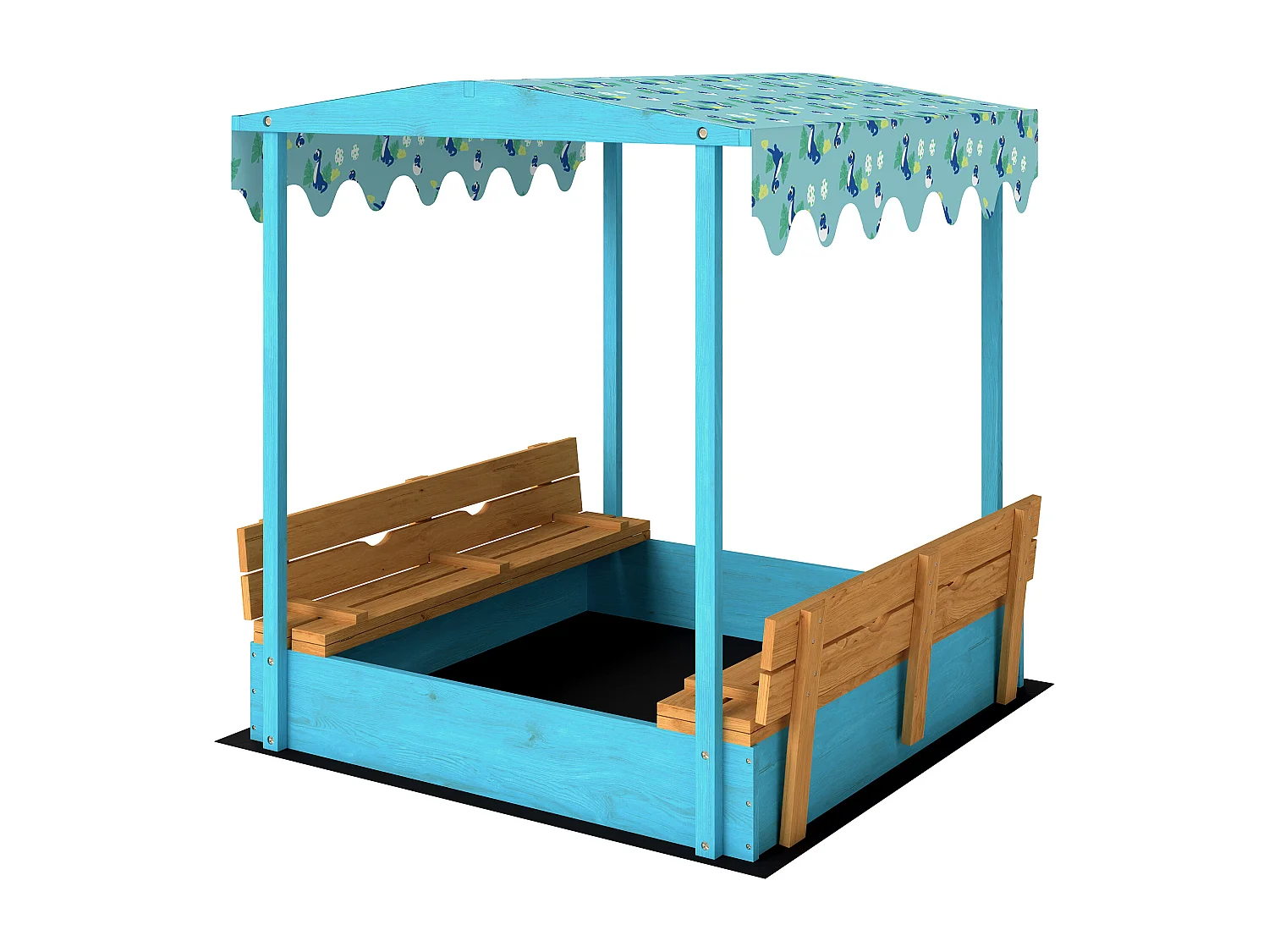 Sabbiera per bambini con tettuccio e sedute in legno di abete blu